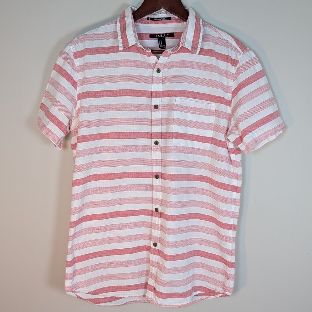 21 Men Red White Striped Short Sleeve Button Down Shirt Medium Cotton Coastal
